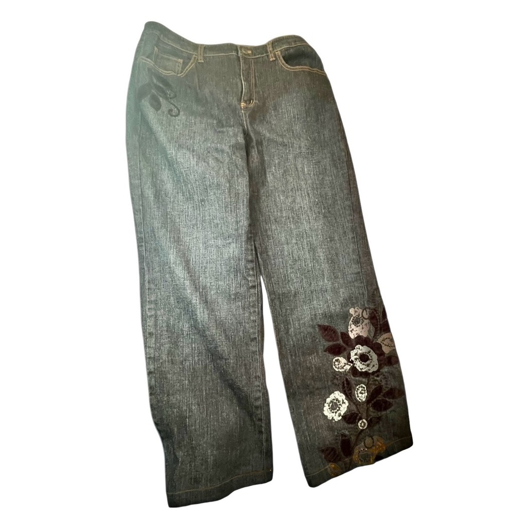 Talbots Petites 12 Stretch dark wash Embelished black floral Wide Leg Jeans lace